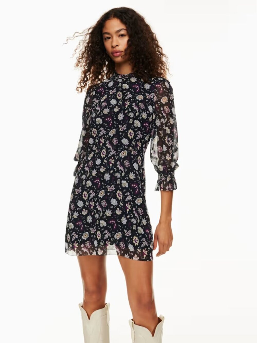 WILFRED Swept Mini Dress NEW Black Purple 8 Ruffle Neck Chiffon Floral Aritzia
